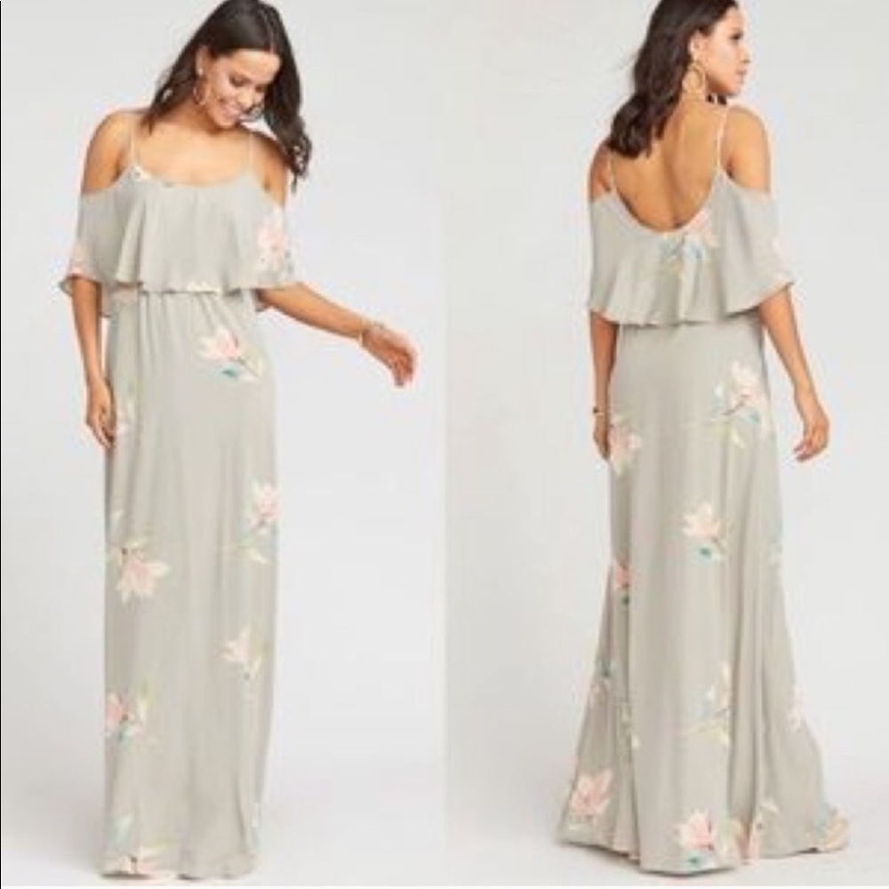 Show Me Your Mumu Caitlin Ruffle Maxi‎ Dress Lily Showers (gray & pink) XS
